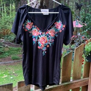 Savannah Black Boho Top with Colorful Floral Embroidery